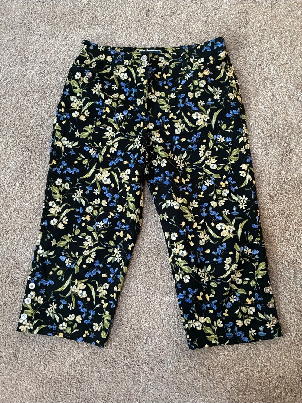 Karen Scott Black Floral Crop Pants with Blue and Green Accents